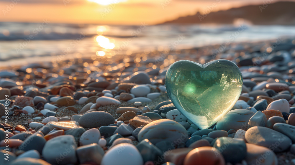 Fototapeta premium Glass heart on pebble beach at sunset.