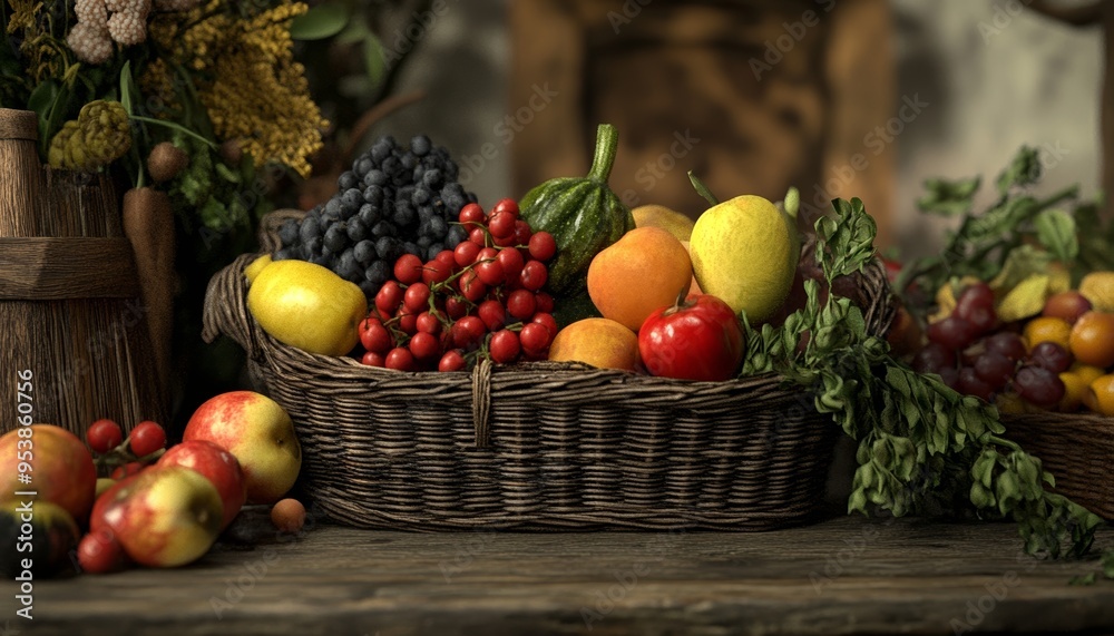 Rustic Basket of Fresh Produce Including Apples Grapes on Wooden Table Rustic Basket of Fresh Produce Including Apples Grapes on Wooden Table