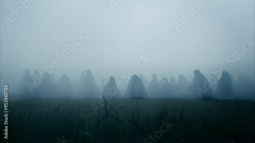 Horizontal Halloween Video, Group of Cultist Ghosts in White Performing Ritual in a Misty Field