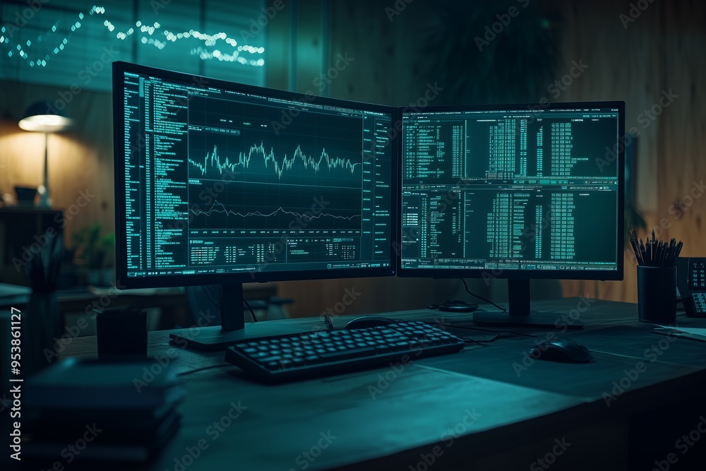 A modern workspace featuring dual computer monitors displaying complex data analytics and financial charts in a dimly lit, tech-savvy environment. A modern workspace featuring dual computer monitors displaying complex data analytics and financial charts in a dimly lit, tech-savvy environment.