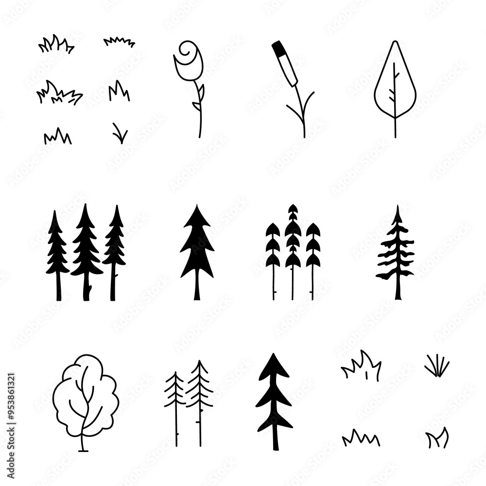 Simple and minimalist tree icons collection. Line art silhouette trees. Stock elements set Simple and minimalist tree icons collection. Line art silhouette trees. Stock elements set