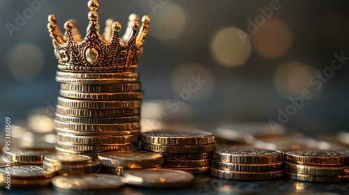 Dividend Aristocrats: A crown on top of a stack of coins, symbolizing companies with a long history of paying increasing dividends.