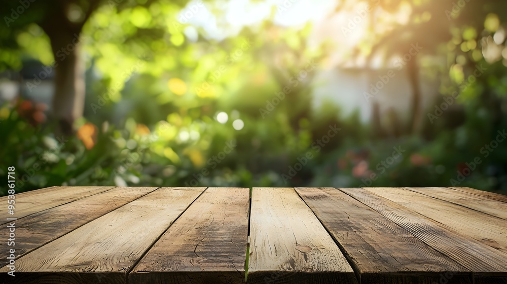 Smooth Wooden Table with Soft Blurred Garden Background for Product Showcasing Smooth Wooden Table with Soft Blurred Garden Background for Product Showcasing