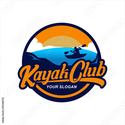 kayak boat kayaking logo badge silhouette vector illustration design template modern vintage