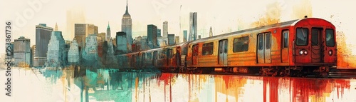 Vibrant subway train travels through a stylized urban skyline, showcasing artistic splashes of color and city life.
