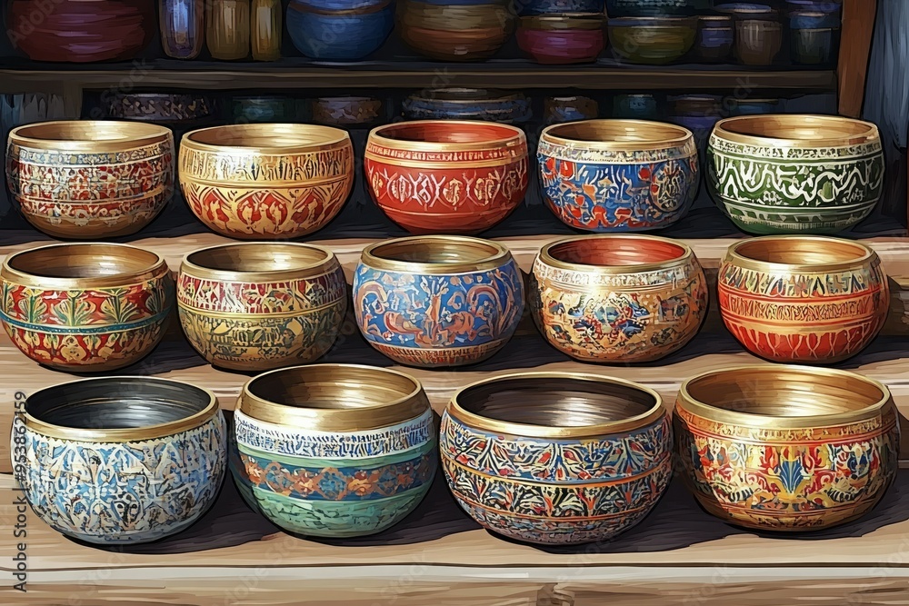 Singing Bowl Market Display Buddhism Religion Spiritual Symbol Singing Bowl Market Display Buddhism Religion Spiritual Symbol