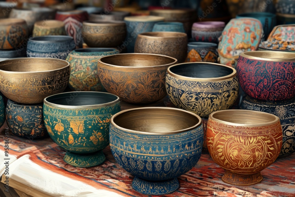 Singing Bowl Market Display Buddhism Religion Spiritual Symbol Singing Bowl Market Display Buddhism Religion Spiritual Symbol