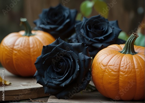 autumn still life, black roses, Halloween, pumpkins photo