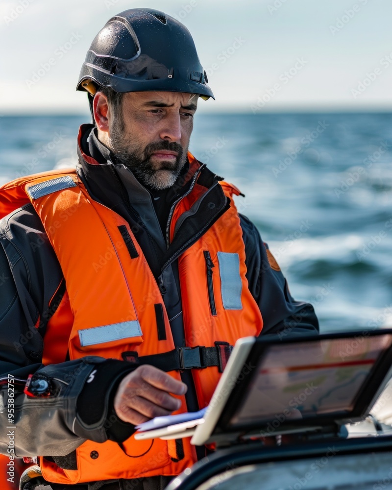Skipper uses tablet computer for navigation. sailing, technology, tourism, travel and people concept Skipper uses tablet computer for navigation. sailing, technology, tourism, travel and people concept