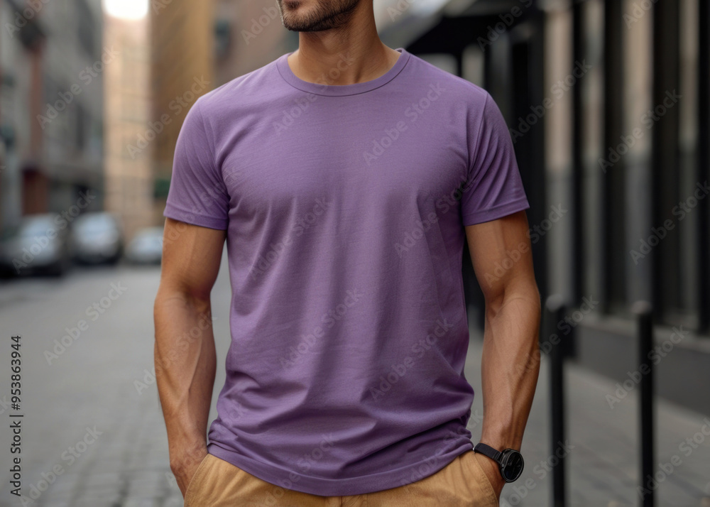 Man wearing blank purple t-shirt mockup on the street. Mock up template for design print photos Man wearing blank purple t-shirt mockup on the street. Mock up template for design print photos