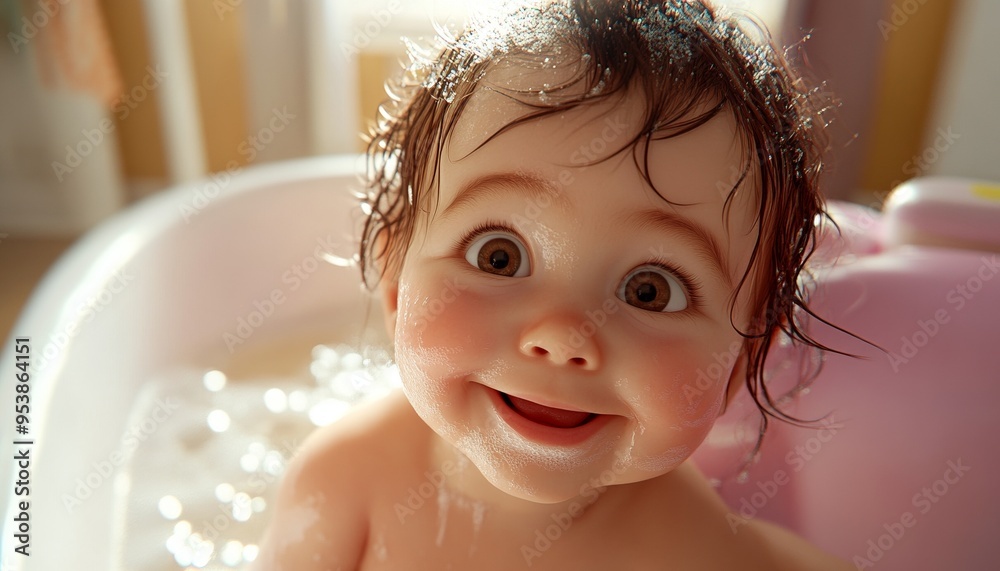 Cute Curious Smiling Infant Taking a Bath in Bright Bathroom Cute Curious Smiling Infant Taking a Bath in Bright Bathroom