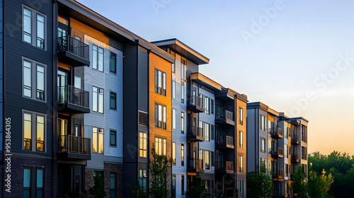 The exterior facade of a contemporary multifamily building featuring Hardie plank siding illustration