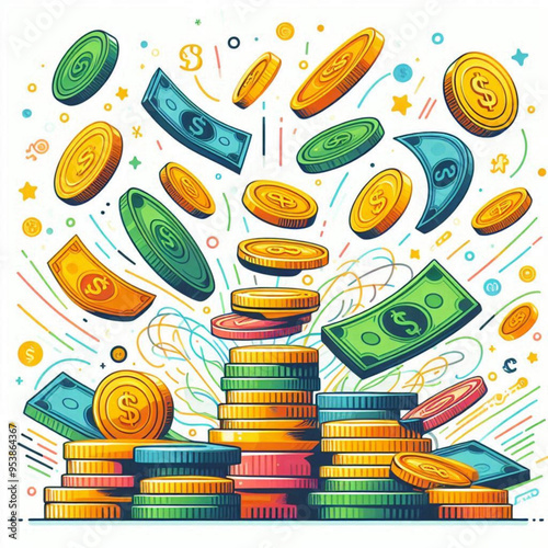 Free  Money vector money photo Gold coins and banknotes 3d cartoon style icon black Friday 
