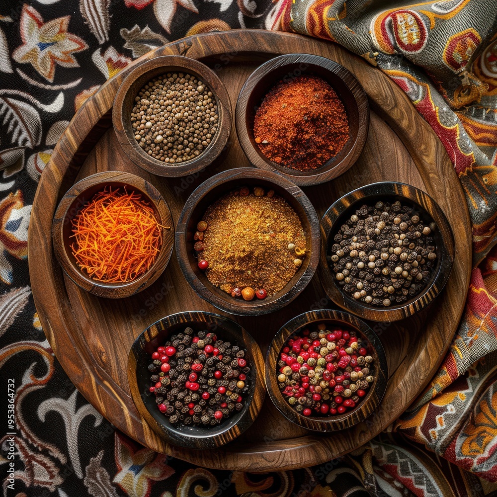 Assortment of spices in rustic wooden bowls Assortment of spices in rustic wooden bowls