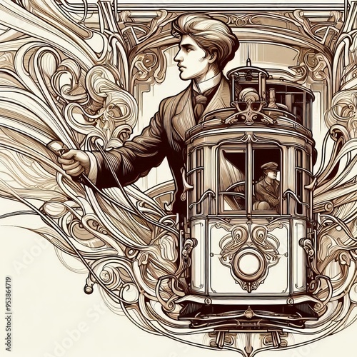 52 Art Nouveau tram driver flowing lines and ornate details Izob photo