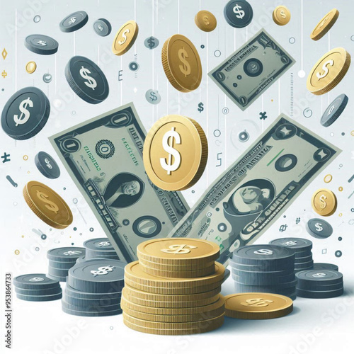 Free  Money vector money photo Gold coins and banknotes 3d cartoon style icon black Friday