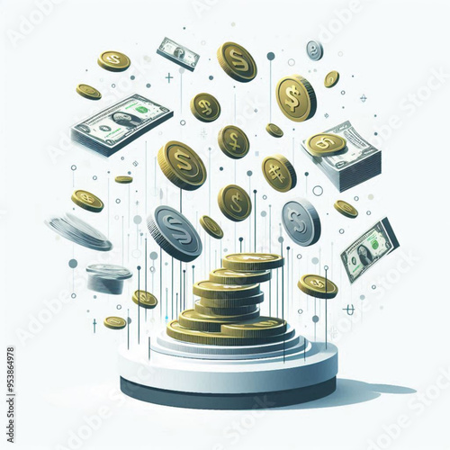 Free  Money vector money photo Gold coins and banknotes 3d cartoon style icon black Friday 
