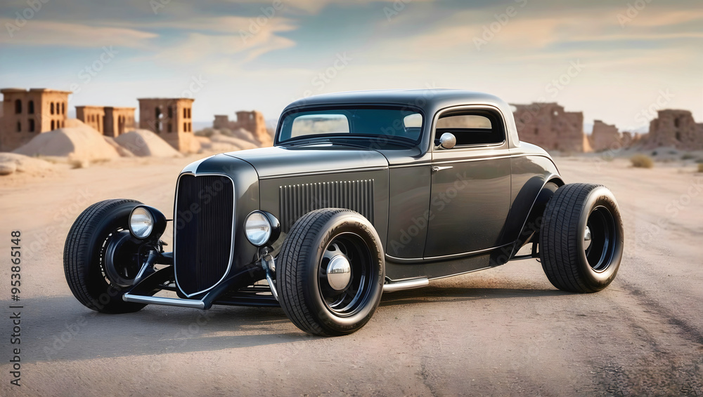 Beautiful unique grey vintage hot rod car, automotive background, tuning template, wallpaper, auto transport