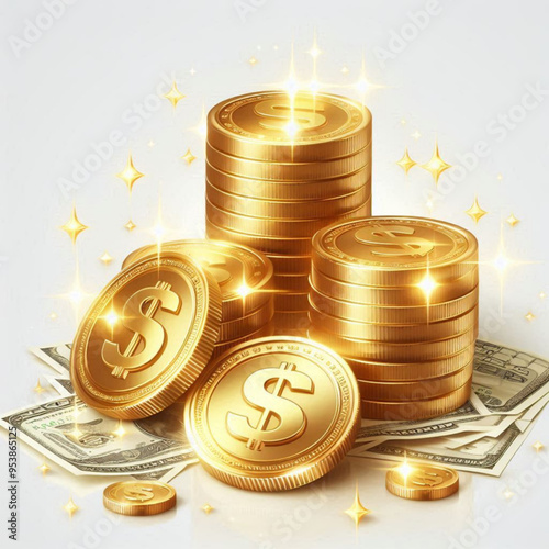 Free  Money vector money photo Gold coins and banknotes 3d cartoon style icon black Friday 
