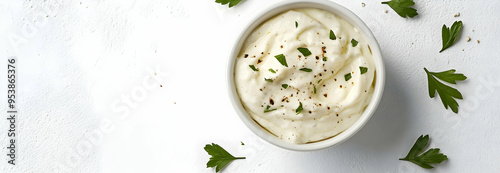 Top view of bowl with tasty tartar sauce on white background