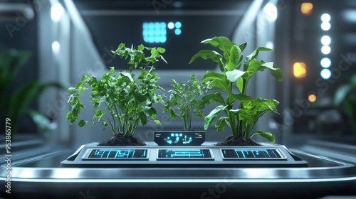 Mocap of innovative bio-engineered plants displayed on a futuristic platform photo