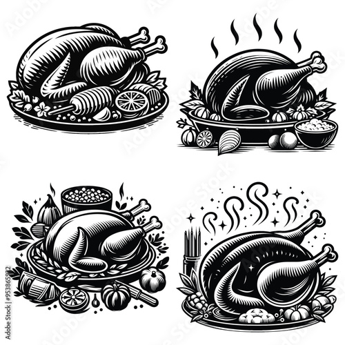 Black and white roast turkey illustrations with vegetables, perfect for holiday menus or Thanksgiving promotions
