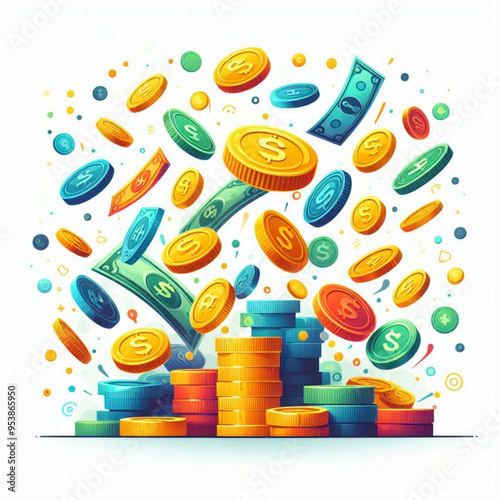 Free  Money vector money photo Gold coins and banknotes 3d cartoon style icon black Friday