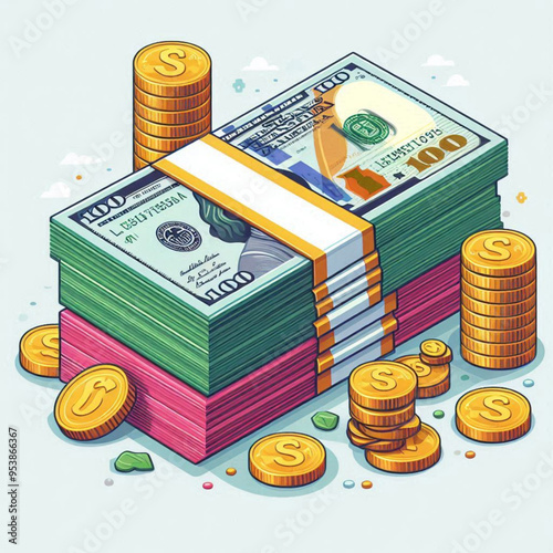 Free  Money vector money photo Gold coins and banknotes 3d cartoon style icon black Friday