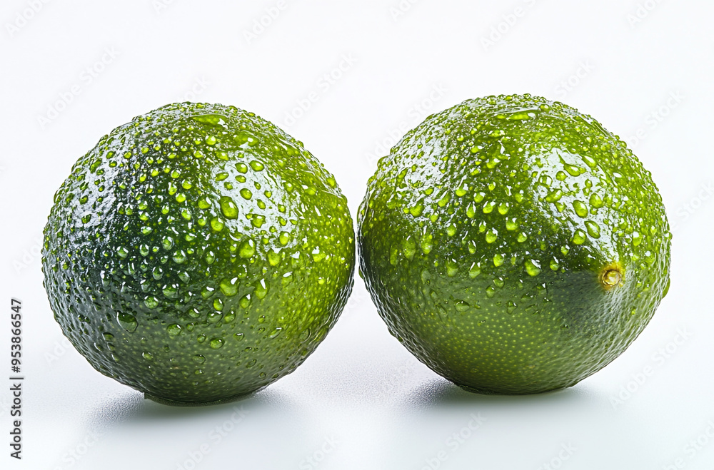 fresh green limes with water drops isolated on white background fresh green limes with water drops isolated on white background