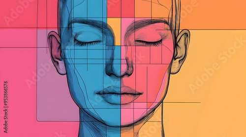 Artistic profile with divided color blocks on geometric background photo