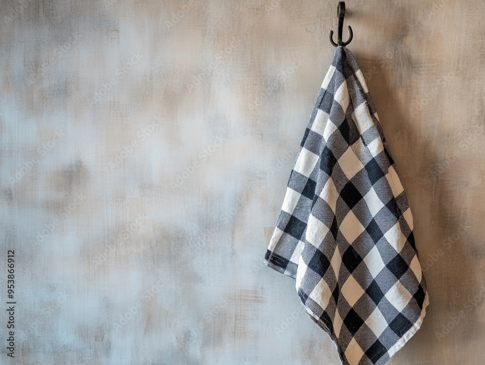 gingham kitchen towel hanging on a hook, featuring a classic black and white checkerboard pattern gingham kitchen towel hanging on a hook, featuring a classic black and white checkerboard pattern