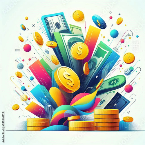 Free  Money vector money photo Gold coins and banknotes 3d cartoon style icon black Friday 
