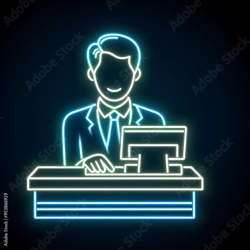 77 Neon light cashier glowing outlines on dark background Izobra photo