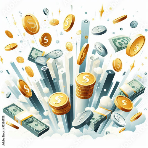 Free  Money vector money photo Gold coins and banknotes 3d cartoon style icon black Friday 
