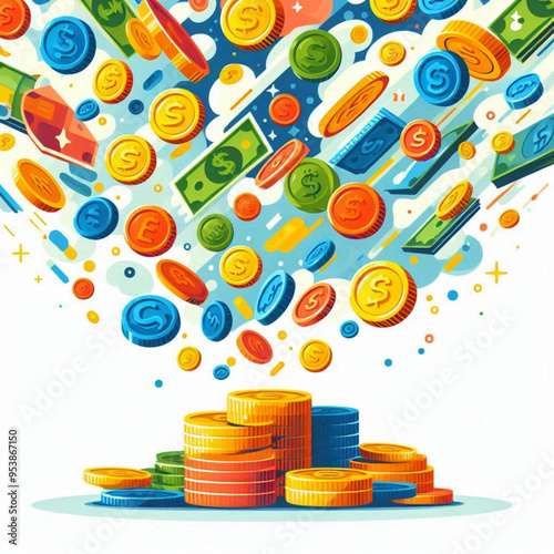 Free  Money vector money photo Gold coins and banknotes 3d cartoon style icon black Friday 
