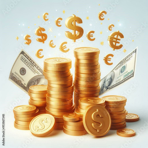 Free  Money vector money photo Gold coins and banknotes 3d cartoon style icon black Friday