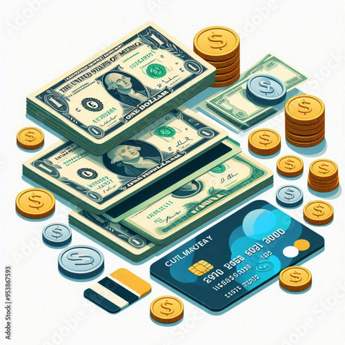 Free  Money vector money photo Gold coins and banknotes 3d cartoon style icon black Friday 
