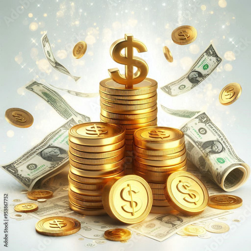 Free  Money vector money photo Gold coins and banknotes 3d cartoon style icon black Friday