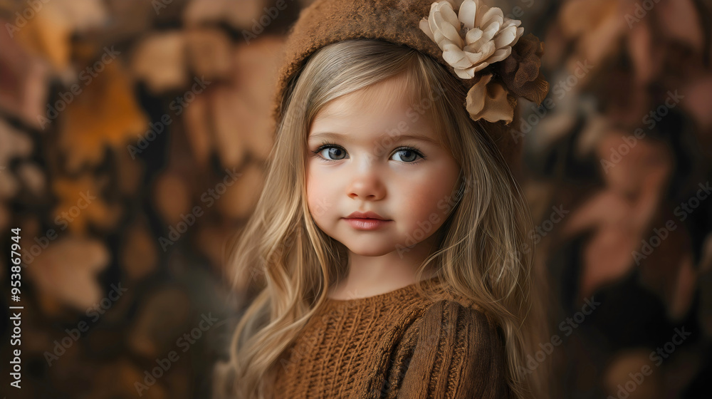 Elegant autumn fashion for a cute blonde child girl model, showcasing beauty and innocence in a cozy sweater, surrounded by soft leaves and flowers in a warm, dreamy portrait Elegant autumn fashion for a cute blonde child girl model, showcasing beauty and innocence in a cozy sweater, surrounded by soft leaves and flowers in a warm, dreamy portrait