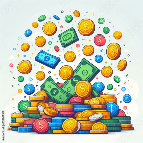Free  Money vector money photo Gold coins and banknotes 3d cartoon style icon black Friday 
