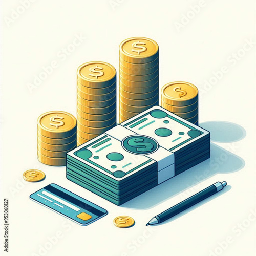 Free  Money vector money photo Gold coins and banknotes 3d cartoon style icon black Friday