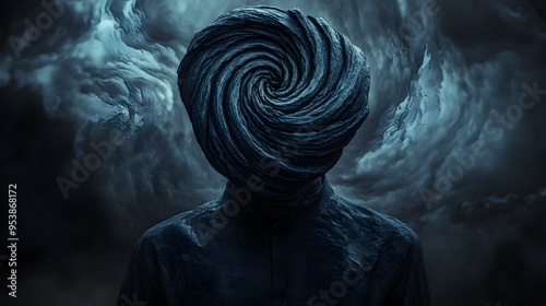 Silhouette of a figure with a vortex of swirling light at the center of the head photo