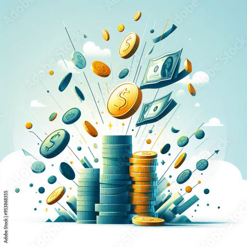 Free  Money vector money photo Gold coins and banknotes 3d cartoon style icon black Friday 
