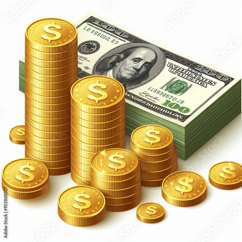 Free  Money vector money photo Gold coins and banknotes 3d cartoon style icon black Friday 
