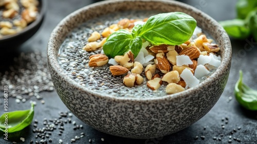 Closeup of a Chia Pudding Bowl with Almonds and Coconut photo