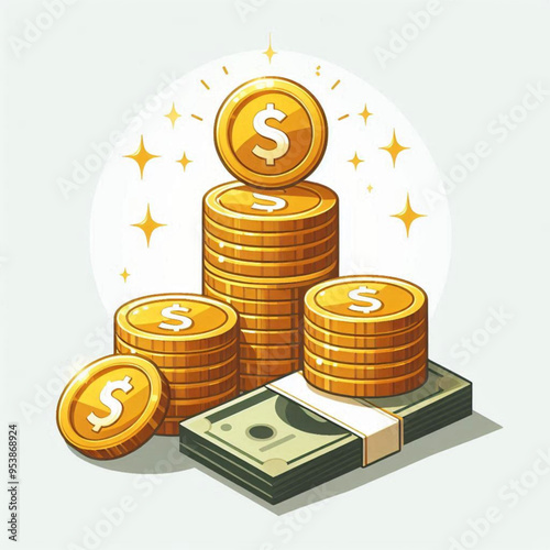 Free  Money vector money photo Gold coins and banknotes 3d cartoon style icon black Friday