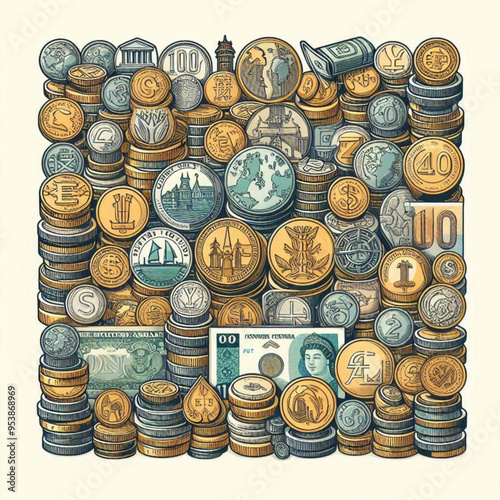 Free  Money vector money photo Gold coins and banknotes 3d cartoon style icon black Friday