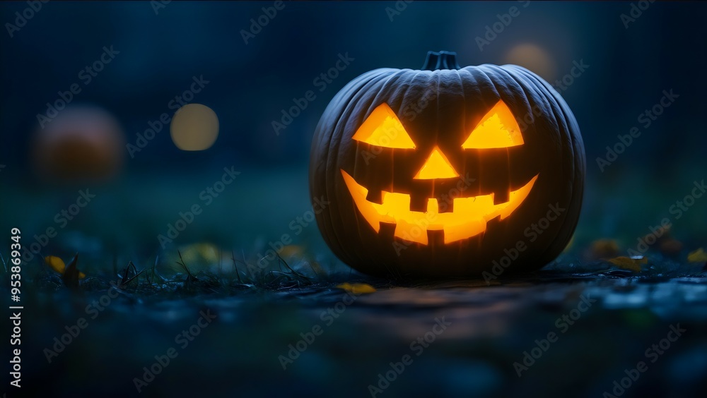 A glowing jack-o'-lantern on a dark, weathered wooden floor, creating a spooky Halloween atmosphere A glowing jack-o'-lantern on a dark, weathered wooden floor, creating a spooky Halloween atmosphere