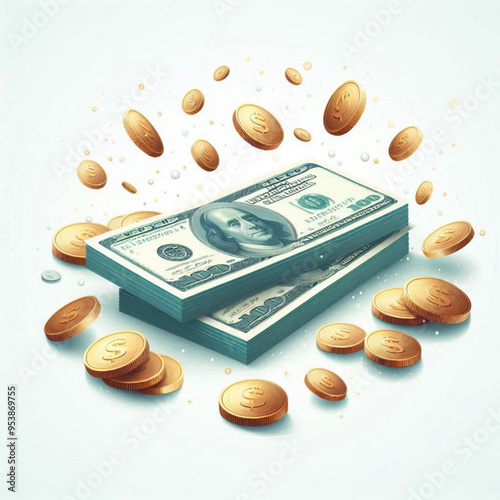 Free  Money vector money photo Gold coins and banknotes 3d cartoon style icon black Friday 
