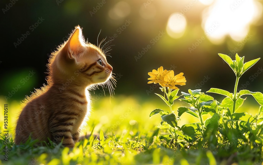 Obraz premium A curious kitten gazes at a vibrant flower in a sunlit garden, embodying the beauty of nature and innocence.